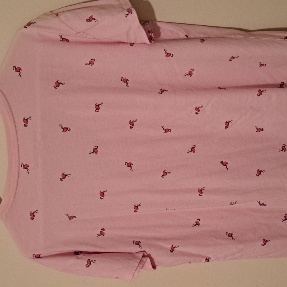 Life Is Good Light Pink V-Neck Tee with Pink Flamingo Pattern.  Size Large. - Picture 5 of 6